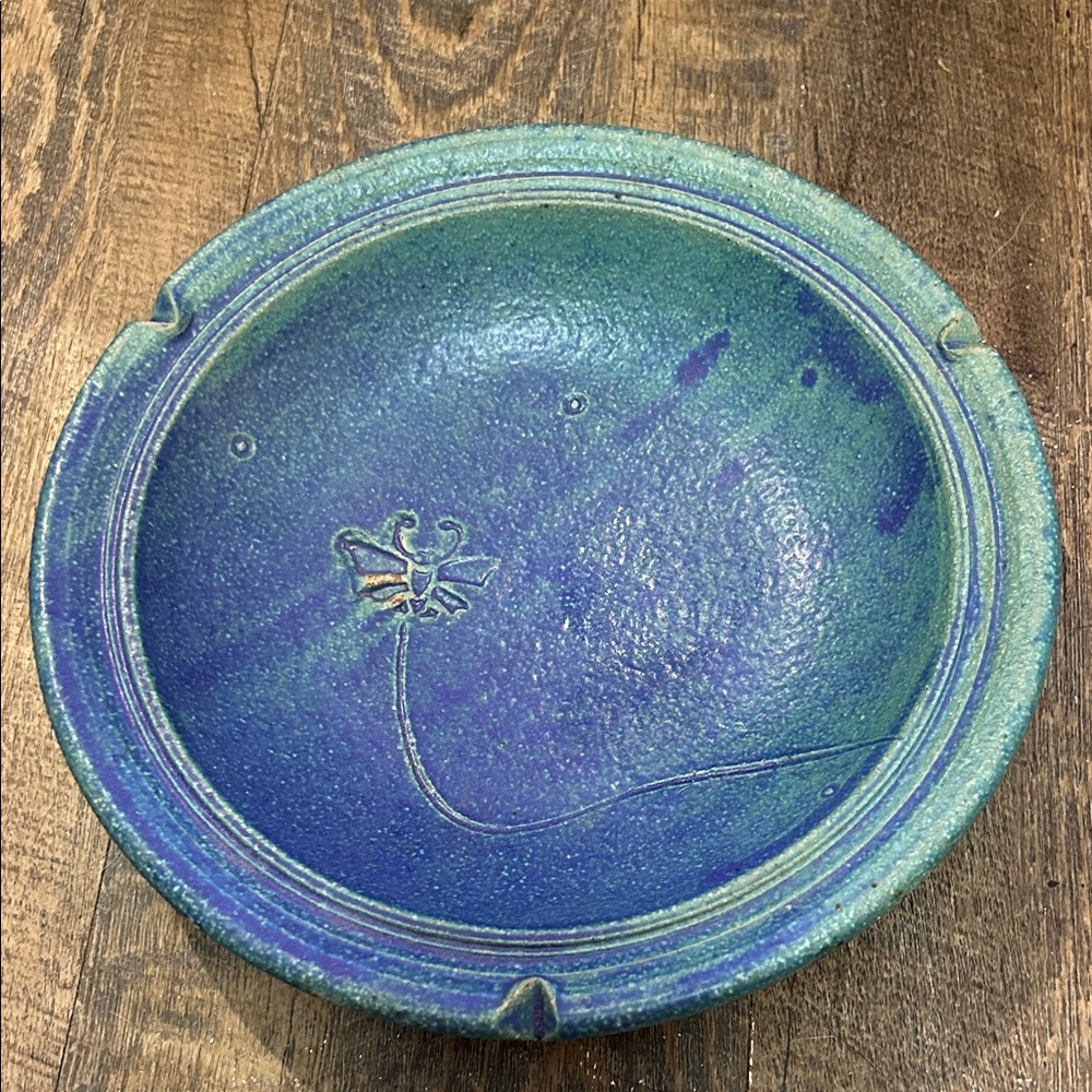 Studio pottery blue and green glazed ceramic ashtray handmade Signed Butterfly